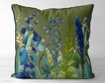 Dark Olive Green and Blue Floral Pillow Cover, modern botanical print with grasses  flowers, scandi style cushion cover Moss green Storsjon1