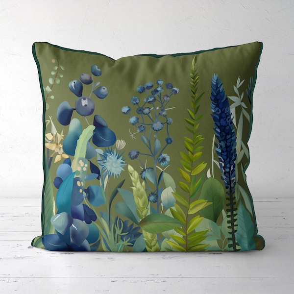 Housse de coussin floral vert olive foncé et bleu, imprimé botanique moderne avec fleurs de graminées, housse de coussin de style scandinave vert mousse Storsjon1