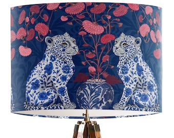 Chinoiserie Leopards on Blue Lamp Shade - Blue and Pink chinese style lamp shade, tropical asian decor, blue white hamptons Cosy Maximalist