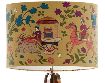 Procession on Deep Gold Lamp Shade - eastern style drum lampshade, Boho home decor, designer lampshade, Boho lamp shade handmade in the uk