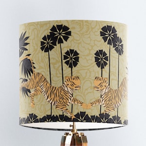 Tropical lampshade jungle design with tiger on gold, Botanical lamp shade in gold and black, mustard tones, designer fabric lampshade