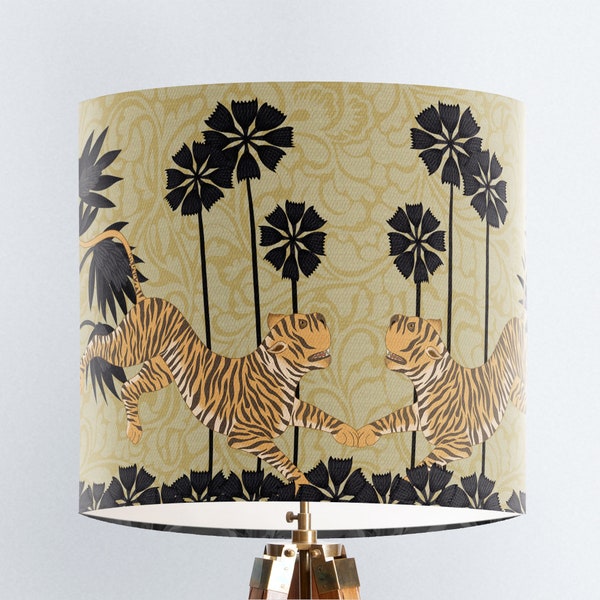 Tropical lampshade jungle design with tiger on gold, Botanical lamp shade in gold and black, mustard tones, designer fabric lampshade