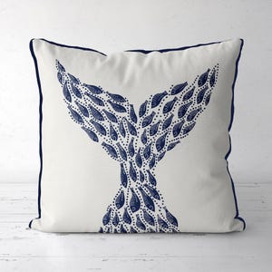 Modern coastal pillow covers Coastal throw pillows Little Fishes Whale Fish Tail Midnight Blue on White Coastal style Nautical pillow covers image 2