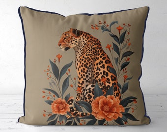 Leopard Pillow Cover on Taupe, handmade cushion cover with leopard exotic leaves and orange flowers, african animal jungle accent pillow