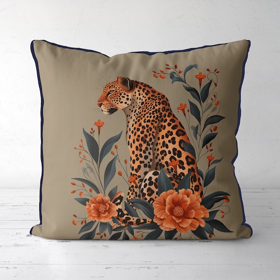 Leopard Pillow Cover on Taupe Handmade Cushion Cover With Leopard Exotic Leaves and Orange Flowers African Animal Jungle Accent Pillow Etsy