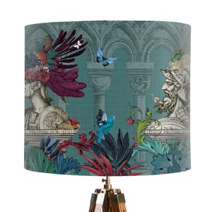 Blue / Green botanical lamp shade, Unusual and funky UK designer maximalist decor lampshade for table lamp or pendant, Petasus Flora