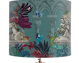 Blue / Green botanical lamp shade, Unusual and funky UK designer maximalist decor lampshade for table lamp or pendant, Petasus Flora