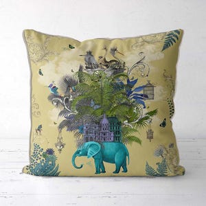 Pale gold Indian style elephant pillow cover with turquoise, whimsical boho cushion cover