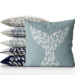 Whale Tail Pillow white on grey / blue, Summer ocean themed pillow, beach themed cushion cover, beach throw pillow, reversible accent pillow