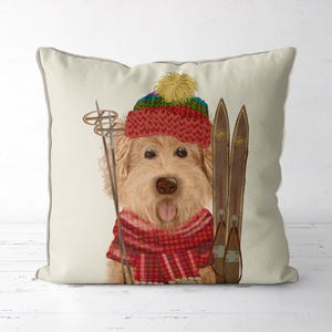 Goldendoodle pillow cover Goldendoodle gift idea - Goldendoodle Ski - dog cushion ski lodge cabin decor idea dog pillow Gold Labradoodle
