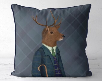 Whimsical stag pillow cover, Scottish highland deer cushion cover in anthropomorphic style