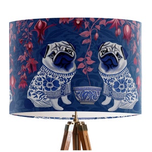 Blue Chinoiserie Lampshade with Pugs - blue and red chinese style lamp shade, asian decor, Cosy Maximalism style, quirky unique decor