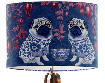 Blue Chinoiserie Lampshade With Pugs Blue and Red Chinese Style