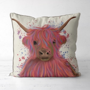Scottish Highland Cow 8 Pillow Cover in Pink multicoloured cow Modern Farmhouse decor cow decor farm gifts cute cushion farm animal coo