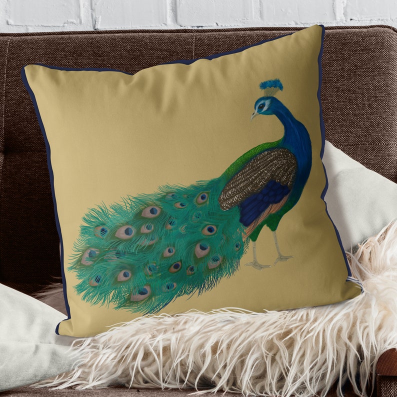 modern pillow Peacock Head Turned Peacock Pillow cover scatter cushions Peacock cushion cover Gold blue green teal decor Pillow sham
