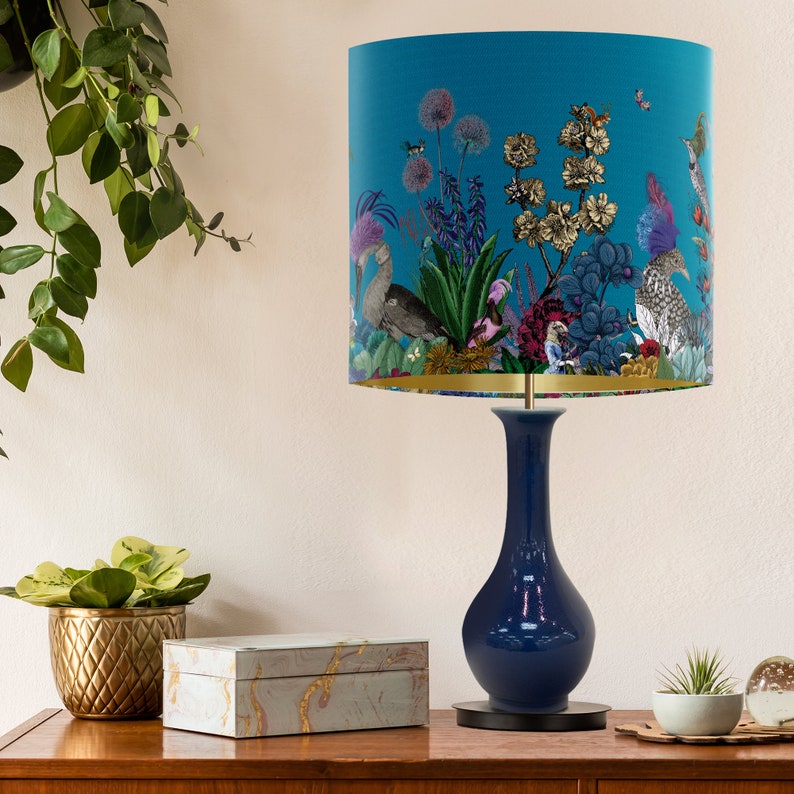 Glorious Plumes Bird Lampshade, Blue - Large lamp shade with gold lining, lampshade for table lamp or pendant, Designer fabric lamp shade image 5