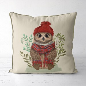 Cute Owl with Scarf Pillow Cover, Woodland Bird Cushion, Whimsical Nature Inspired Kids Room Cabin Throw