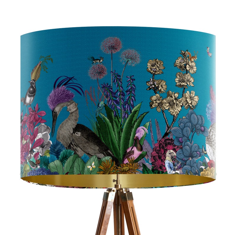 Glorious Plumes Bird Lampshade, Blue - Large lamp shade with gold lining, lampshade for table lamp or pendant, Designer fabric lamp shade image 4