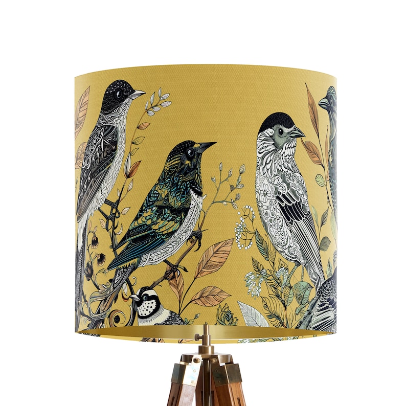 Fancy Flock Bird Lampshade, Yellow Large lamp shade with gold lining, botanical lampshade for table lamp or pendant Summer spring decor image 3