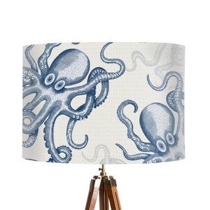 Blue Octopus on white lampshade, Blue and white Nautical lamp shade for table or ceiling pendant, Coastal decor, beach house, Seaside random