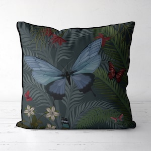 Butterfly pillow cover - Butterfly Garden Moonlight 3 - botanical pillow, butterfly cushion cover, dark pink blue grey