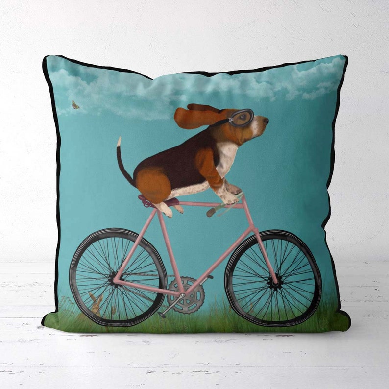 Basset Hound Pillow Cover, Basset Hound on Bicycle, Dog on Bike Cushion Cover, Cute Basset Hound Gift idea for owner, Funny Basset Hound pic image 1