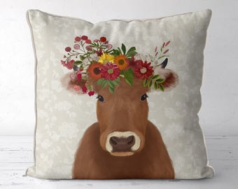 Brown Cow Pillow Cover, Bohemian Cow cushion, Boho farmhouse pillow, gift for cow lover, pretty cow gift idea, cow throw pillow, accent