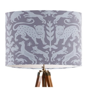 Beasts in Grey on Grey Lamp shade Drum lampshade, Animal table lamp, grey decor scheme, tropical decor, pendant lamp, gray lamp shade 画像 1