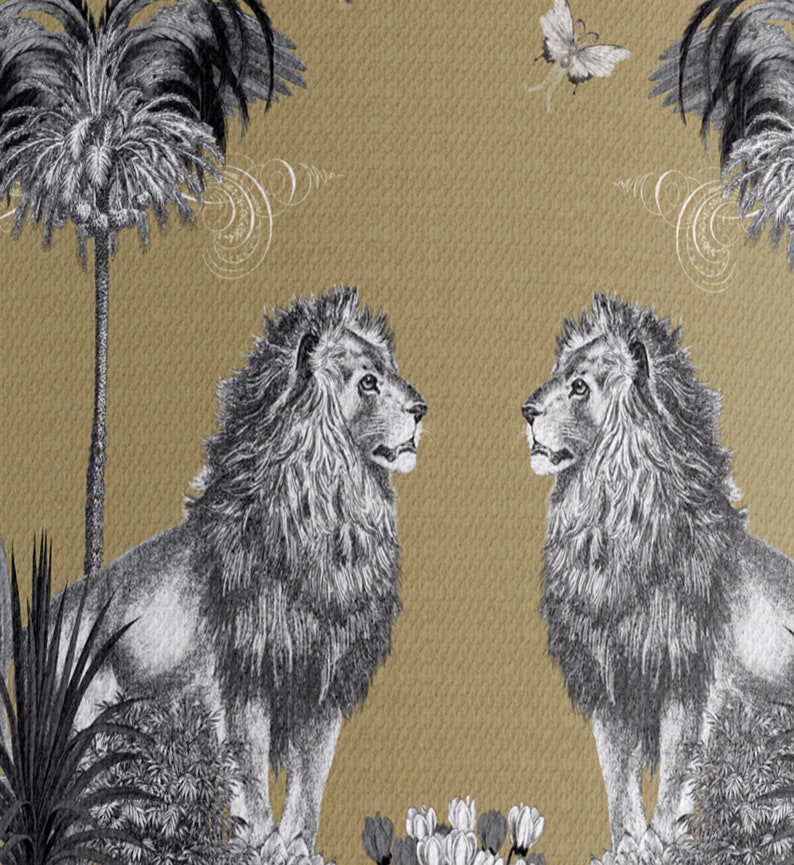 Tropical Lion lampshade in gold, with gold metallic lining, designer fabric handmade in the UK jungle style decor statement lampshade image 6
