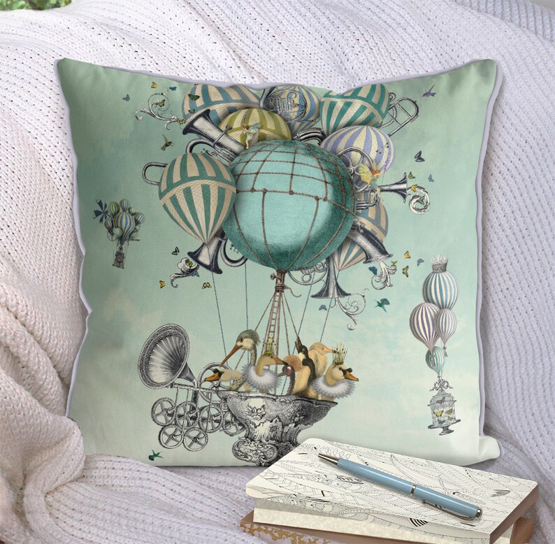 Accent pillow decorative pillow Aves Piger living room decor Home decor throw pillow Hot air balloon pillow whimsical decor Bird Pillow image 5