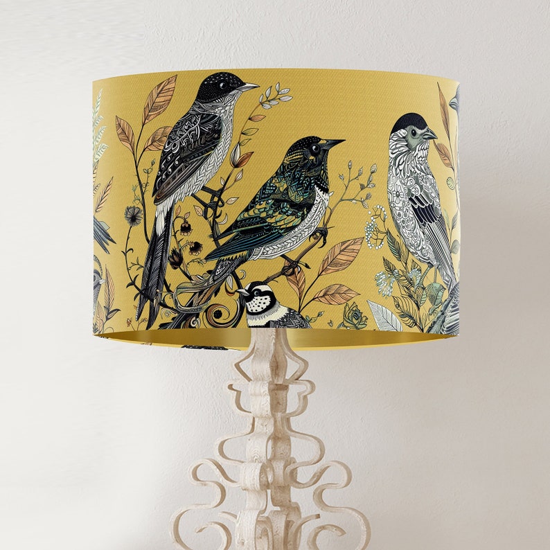 Fancy Flock Bird Lampshade, Yellow Large lamp shade with gold lining, botanical lampshade for table lamp or pendant Summer spring decor image 1