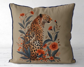 Leopard Pillow Cover on Taupe, handmade cushion cover with a leopard surrounded by exotic leaves and orange flowers, chic tropical decor