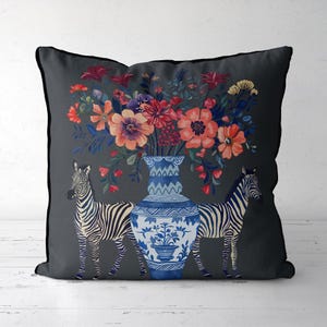 Zebra throw pillow cover, Black Zebra print cushion cover, Jungle Throw toss pillow, Chinoiserie Floral Animal couch pillow, Safari pillow