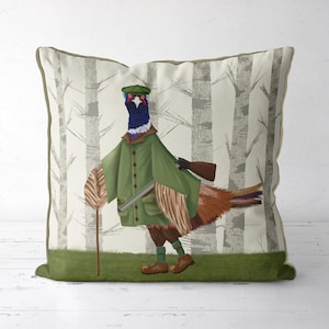 Divertida funda de almohada de faisán, peculiar funda de cojín de caza en el bosque para una fiesta de caza campestre.