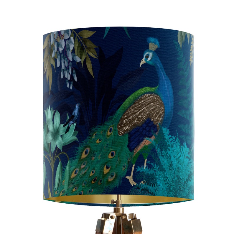 Peacock Garden Lampshade on Blue Large lamp shade with gold lining lampshade for table lamp pendant lamp shade for ceiling turquoise decor image 4