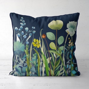 Dark Navy Blue and Green Floral Pillow Cover, modern botanical print with grasses  flowers, scandi style cushion cover, royal blue Storsjon2