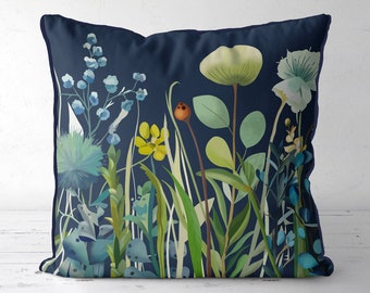 Dark Navy Blue and Green Floral Pillow Cover, modern botanical print with grasses  flowers, scandi style cushion cover, royal blue Storsjon2