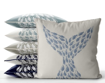 Coastal Pillow Covers - Little Fishes Whale Fish Tail, Blue / Grey on Seafog, coastal cushion, nautical pillow, Coastal Decor, Beach cottage
