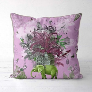 Lime and pink elephant pillow cover, bold boho maximalist cushion cover with tropical botanical style