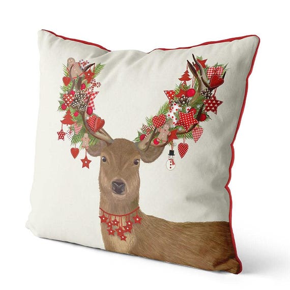 Deer pillow cover - Homespun Wreath Christmas stag Christmas decoration Christmas decor xmas pillow cover xmas cushion deer decor stag decor