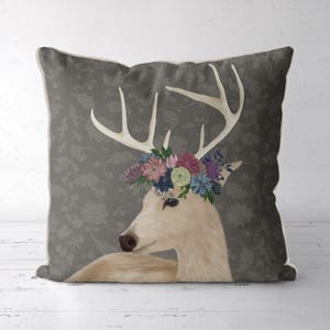 Deer Pillow Cover, Whimsical Stag Floral Cushion, Bold Cottagecore Home Decor, Colourful Animal Throw for Modern Interiors