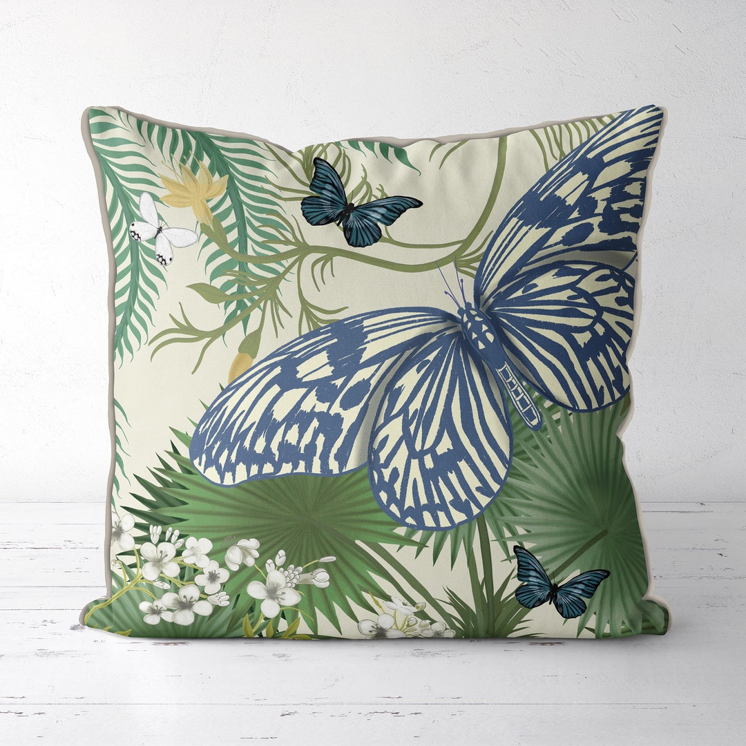 Butterfly Pillow Cover, Blue and Green Botanical Cushion Cover, Garden