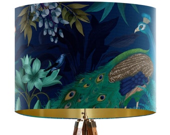 Peacock Garden Lampshade on Blue - Large lamp shade with gold lining lampshade for table lamp pendant lamp shade for ceiling turquoise decor