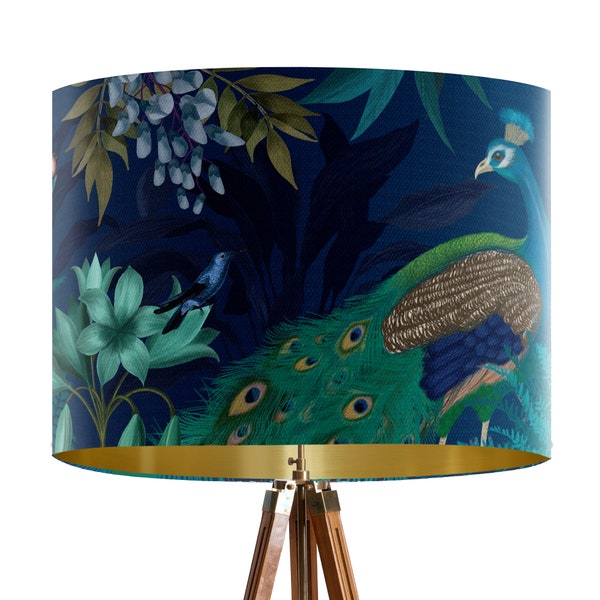 Peacock Garden Lampshade on Blue - Pantalla de lámpara grande con pantalla de forro dorado para lámpara de mesa lámpara colgante para decoración de techo turquesa