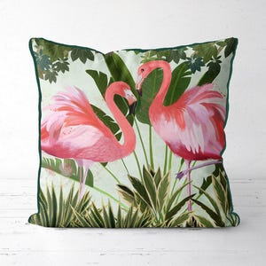 Tropical flamingo pillow cover with green ferns and palms, whimsical botanical cushion cover