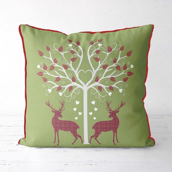 scandinavian pillow cover, Scandinavian style Christmas, nordic style Christmas cushion  - Deer Heart Tree on Green -  Xmas pillow cover