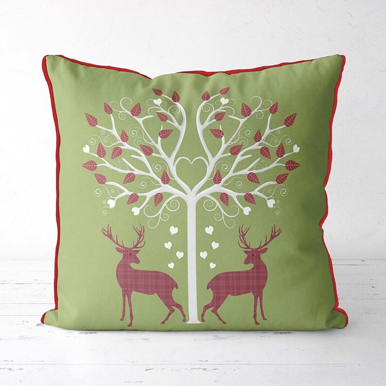 scandinavian pillow cover, Scandinavian style Christmas, nordic style Christmas cushion - Deer Heart Tree on Green - Xmas pillow cover image 1
