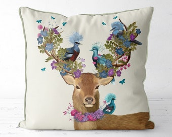 Deer gift - Deer pillow and Blue Birds woodland decor stag cushion cover throw pillow Housewarming gift spring decor accent pillow farmhouse