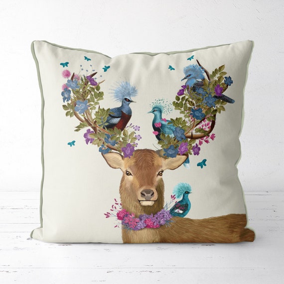 Deer Gift Deer Pillow and Blue Birds Woodland Decor Stag | Etsy