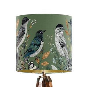 Fancy Flock Bird Lampshade, Green Large lamp shade with gold lining, botanical lampshade for table lamp or pendant Designer lamp shade image 6